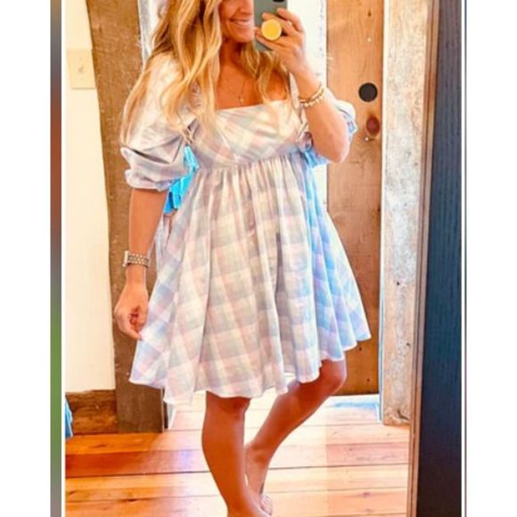 ✨NWT✨STORIA✨PASTEL PLAID PUFF-SLEEVEST BABYDOLL MINI DRESS - Picture 4 of 14